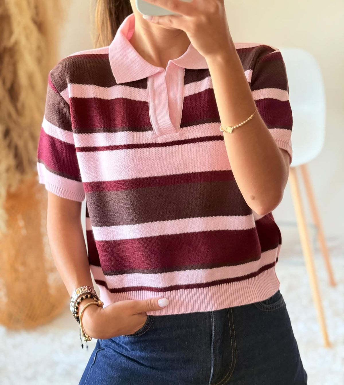 Buzo Lola para mujer de rayas café oscuro vino y rosado claro