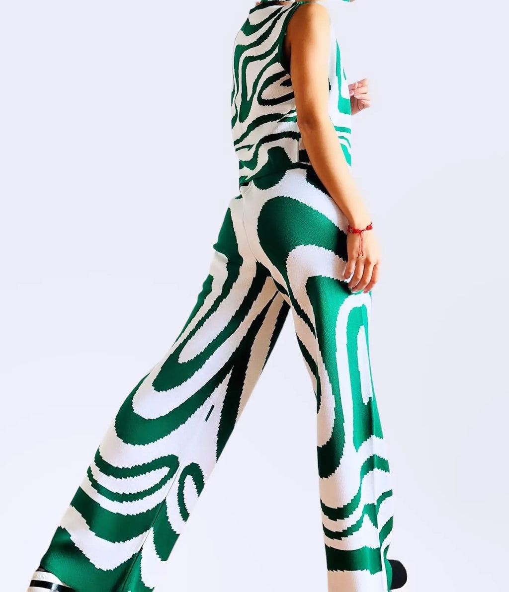 Set Ondas de Cocoa Tejidos, conjunto tejido de dos piezas para mujer con chaleco largo abierto y pantalón ancho, estampado de ondas verdes y blancas