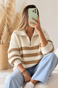 Buzo tejido de rayas beige y marfil para mujer