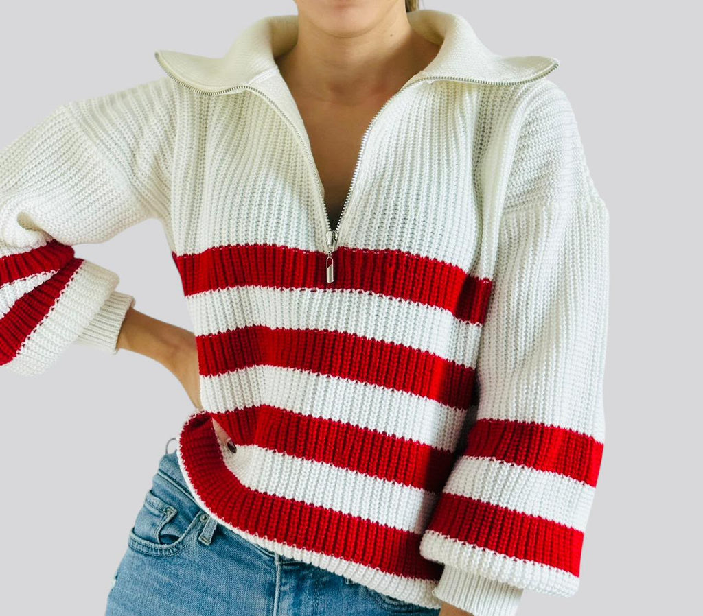 Buzo tejido de rayas rojo y marfil para mujer con cuello amplio