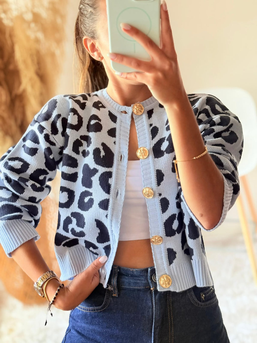 Saco Safari para mujer azul cielo y azul oscuro con estampado de leopardo