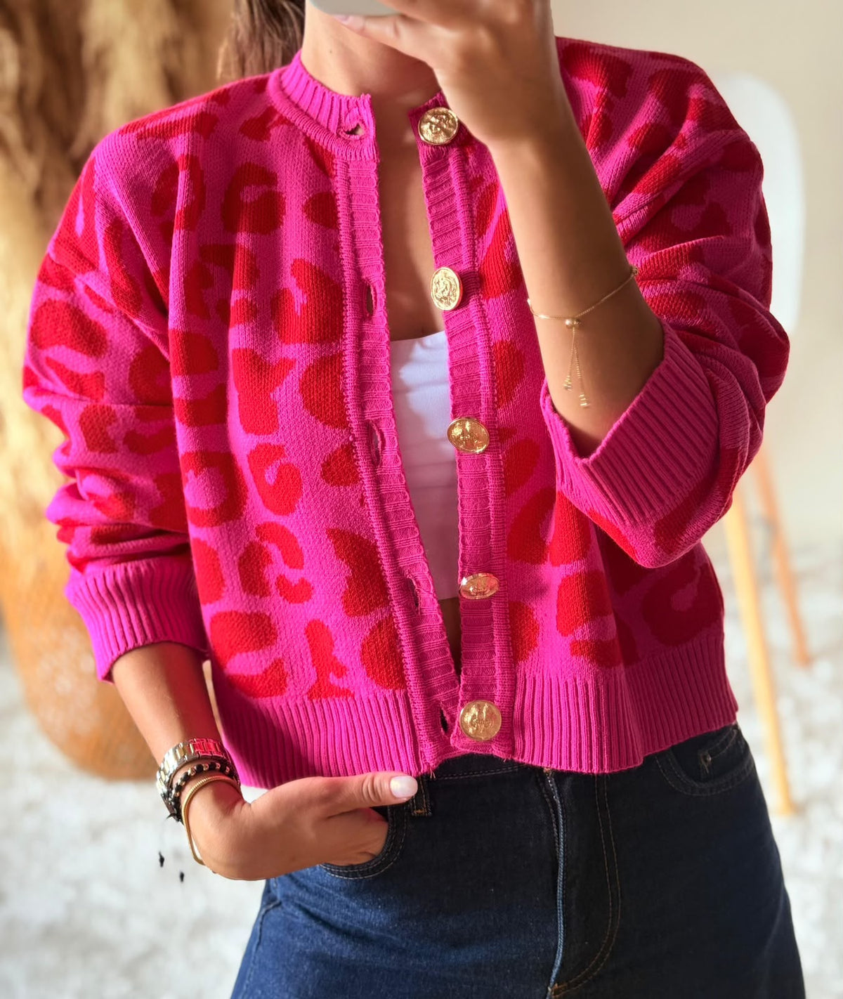 Saco Safari estampado de leopardo fucsia y rojo para mujer